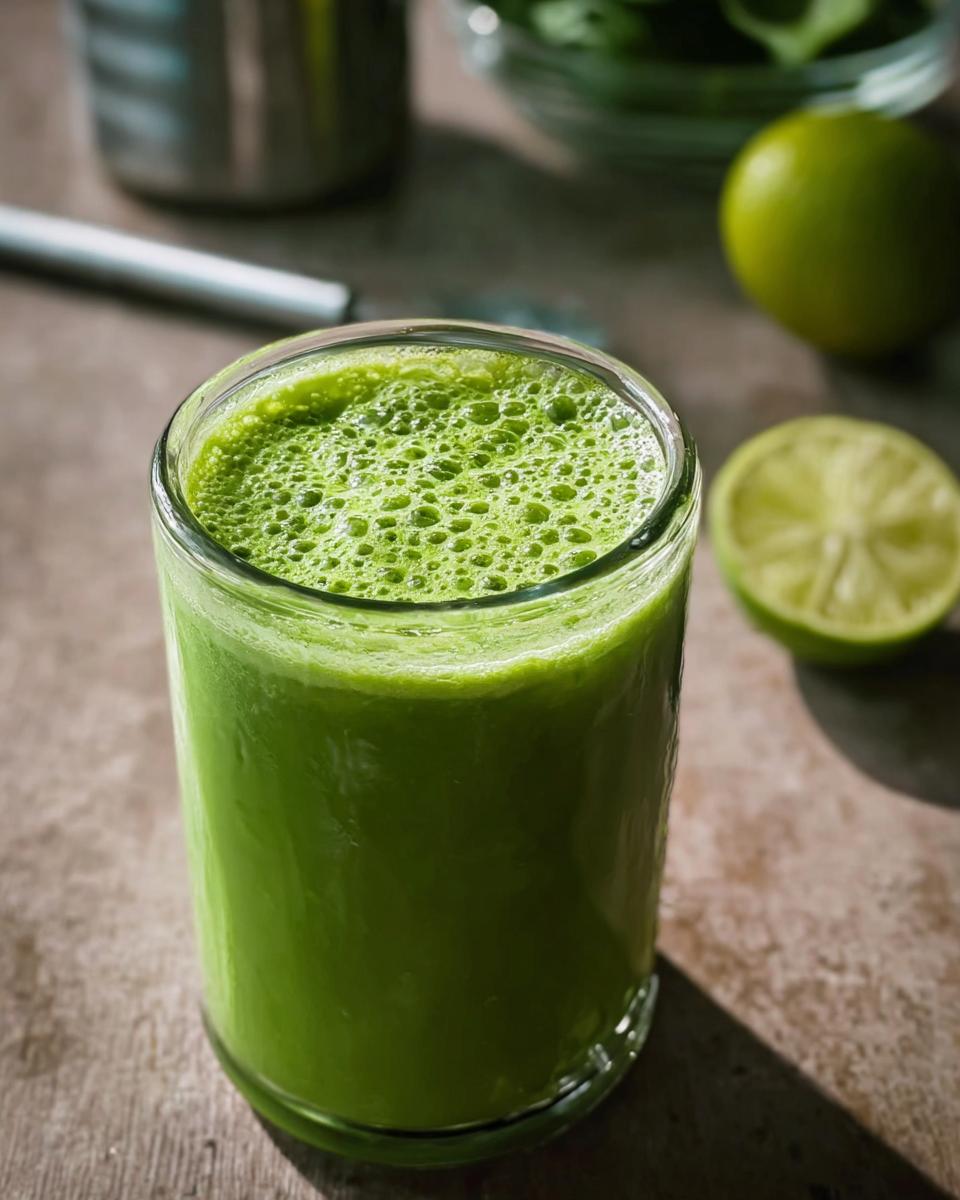 A glass filled with vibrant Green Frankenstein Smoothie (Spinach + Pineapple), garnished with lime.