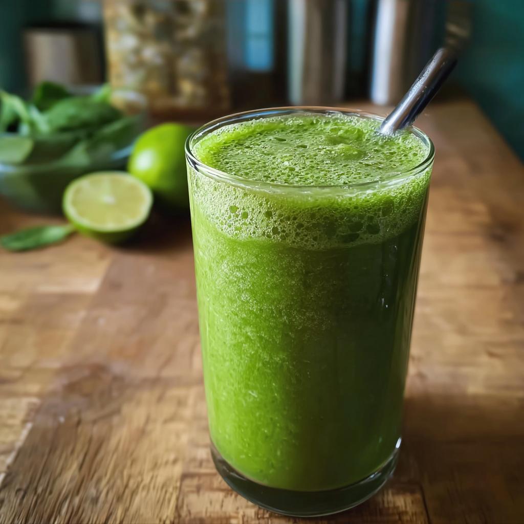 A glass of Green Frankenstein Smoothie (Spinach + Pineapple) with a metal straw, lime and spinach in the background.