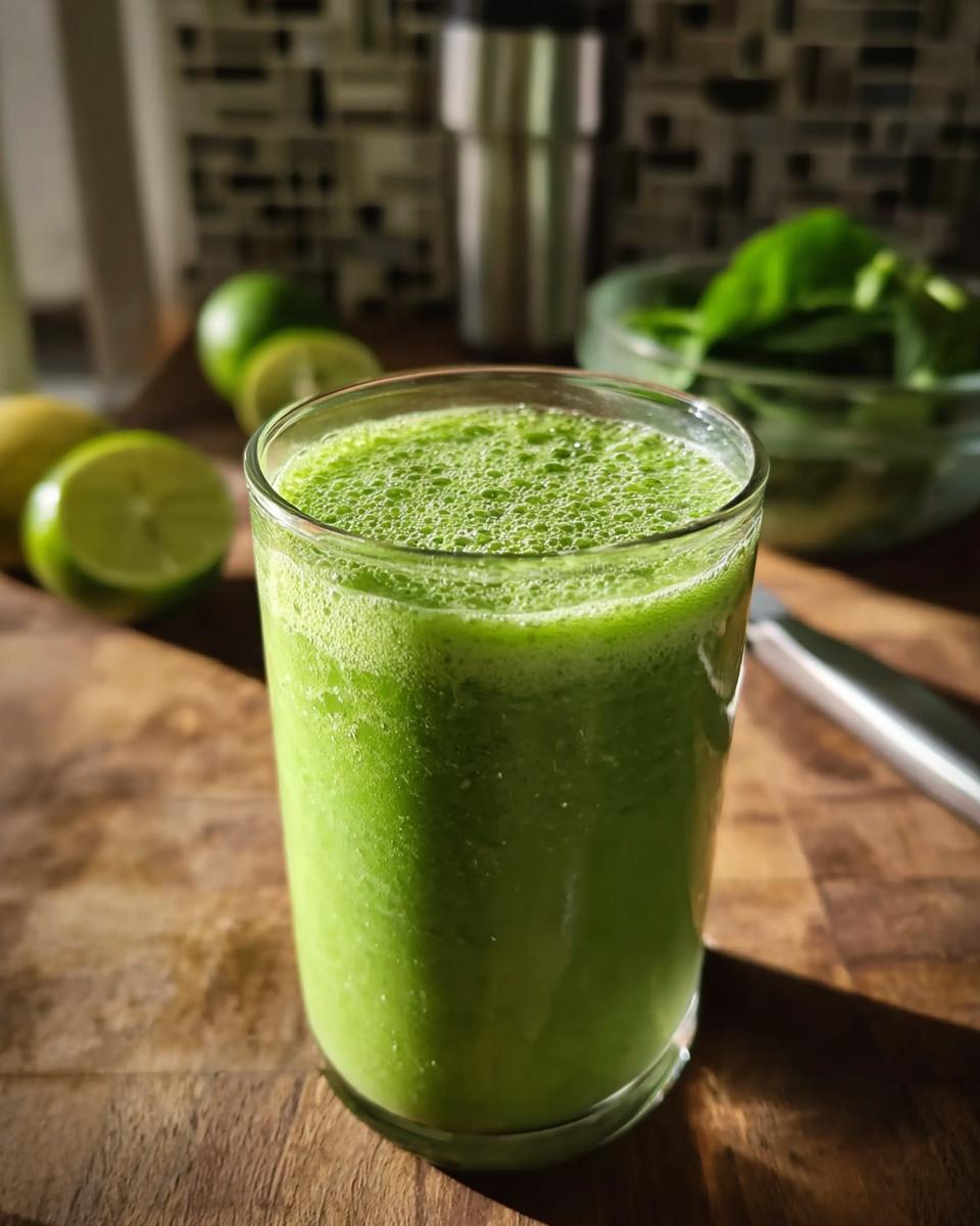 A vibrant glass of Green Frankenstein Smoothies (Spinach + Pineapple) sits on a wooden surface with limes and spinach.
