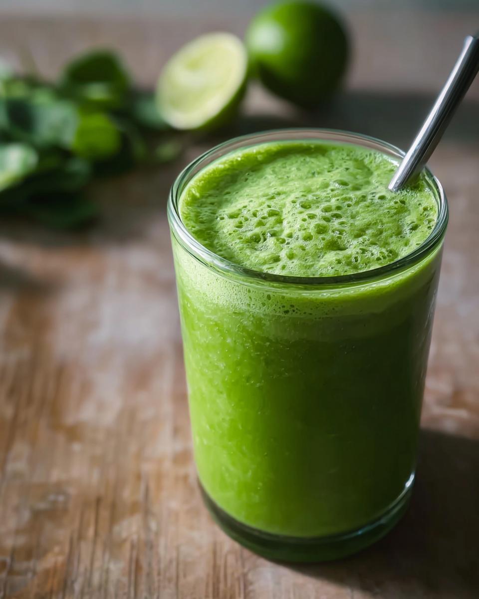 A glass of Green Frankenstein Smoothies (Spinach + Pineapple) with a metal straw, spinach and lime in the background.