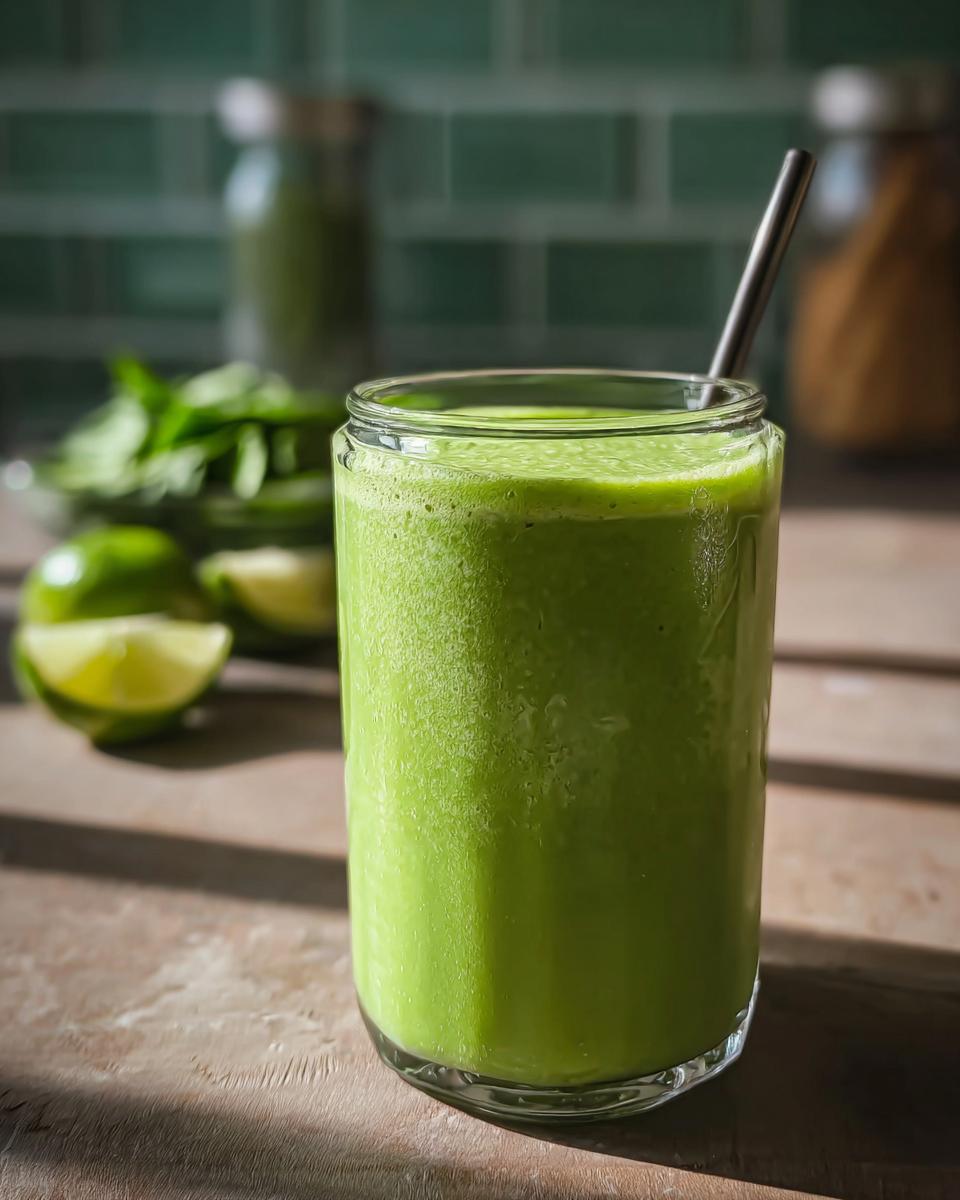 A glass of Green Frankenstein Smoothies (Spinach + Pineapple) with a straw, spinach, and limes.