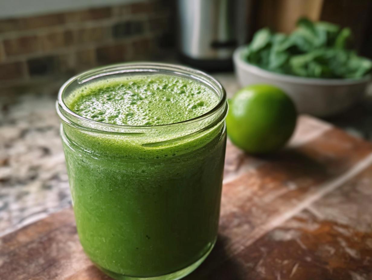 A vibrant glass of Green Frankenstein Smoothies (Spinach + Pineapple) sits on a wooden board with spinach and a green apple.