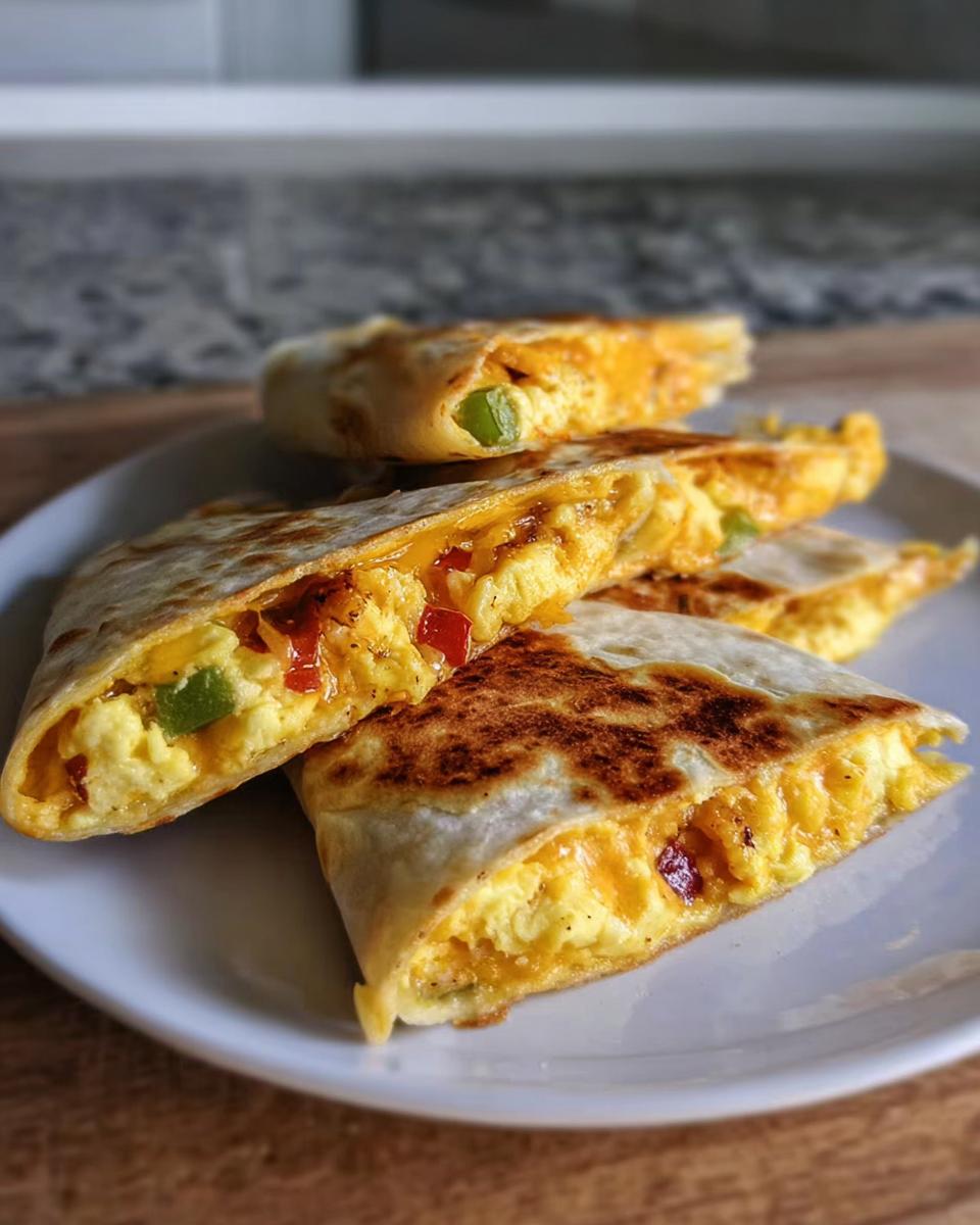 Close-up of a Halloween Breakfast Quesadilla Recipe filled with scrambled eggs, melted cheese, and colorful bell peppers.