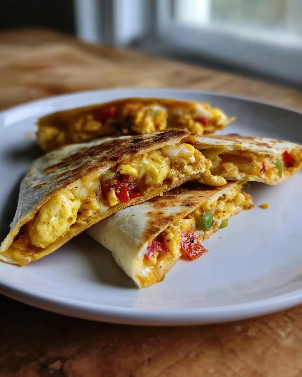 Close-up of a Halloween Breakfast Quesadilla Recipe sliced in half, revealing scrambled eggs, cheese, and red and green peppers.