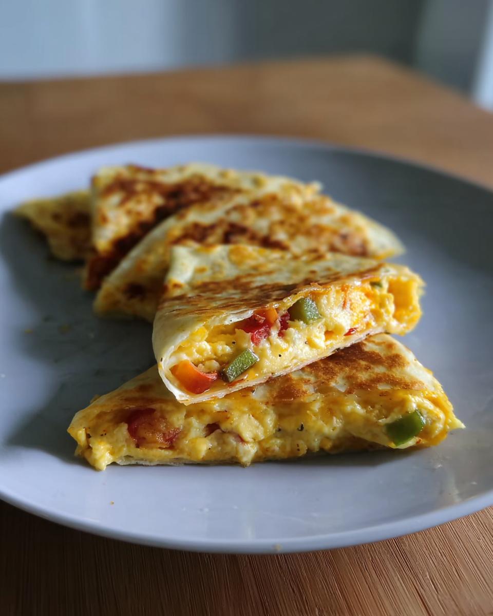 Close-up of a Halloween Breakfast Quesadilla Recipe, cut in half to show scrambled eggs, cheese, and colorful bell peppers.