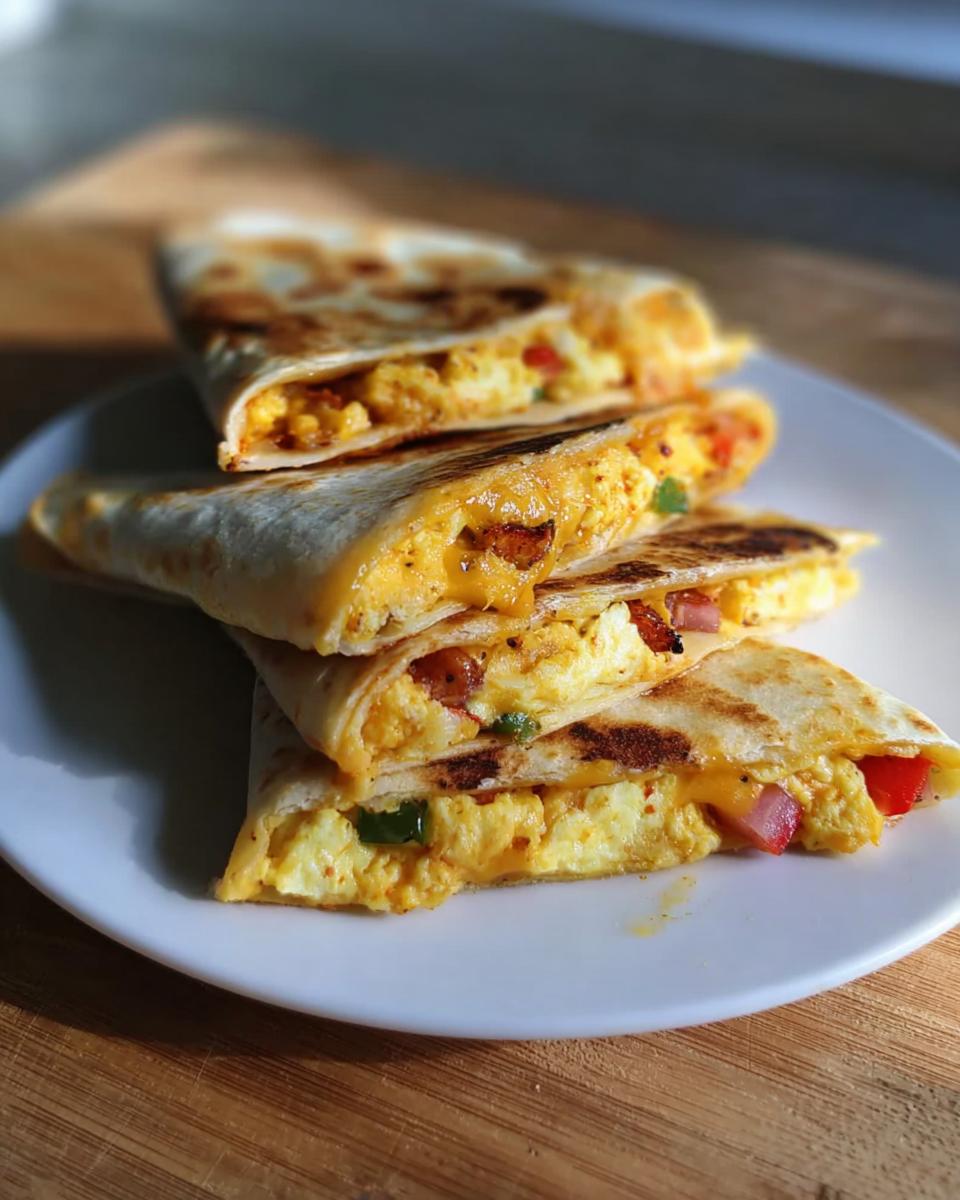 Close-up of a Halloween Breakfast Quesadilla Recipe, cut into wedges and stacked on a white plate, filled with scrambled eggs, cheese, and vegetables.