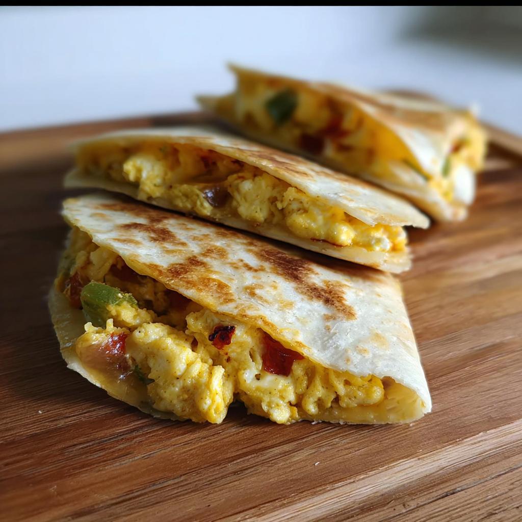 Close-up of a Halloween Breakfast Quesadilla Recipe filled with fluffy scrambled eggs, green peppers, and red peppers.