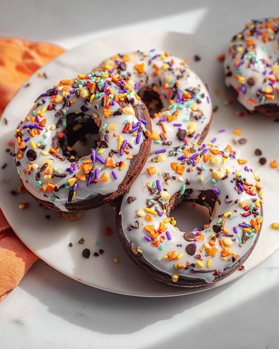 Close-up of delicious Halloween donuts decorated with white icing and colorful Halloween sprinkles.