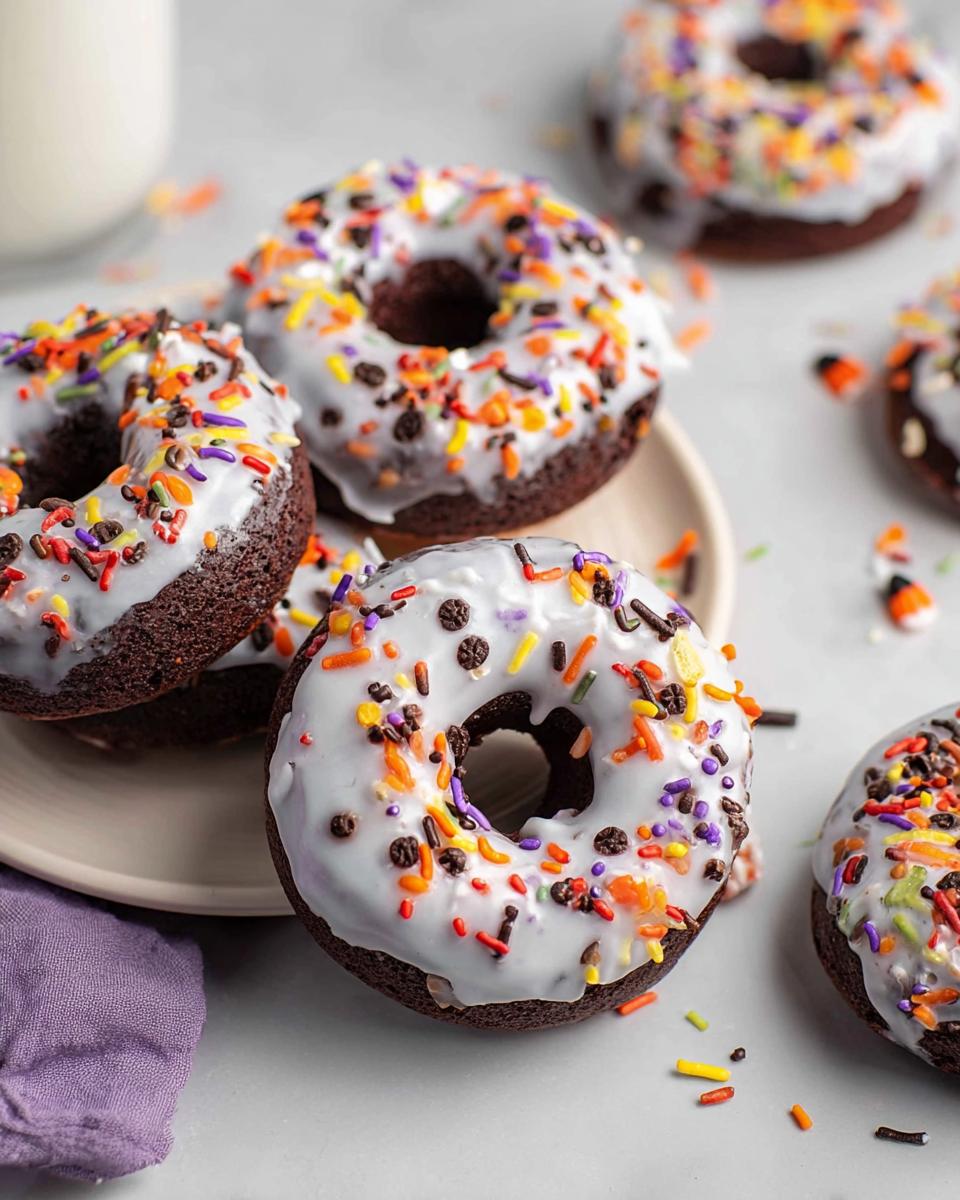 Close-up of chocolate Halloween donuts topped with white glaze and colorful sprinkles.