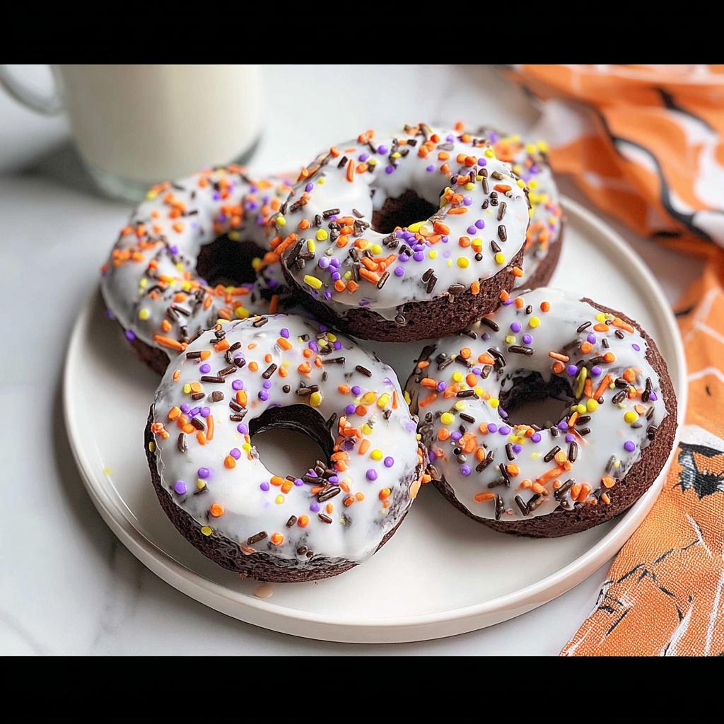 A plate of four chocolate Halloween donuts topped with white icing and festive orange, purple, and brown sprinkles.