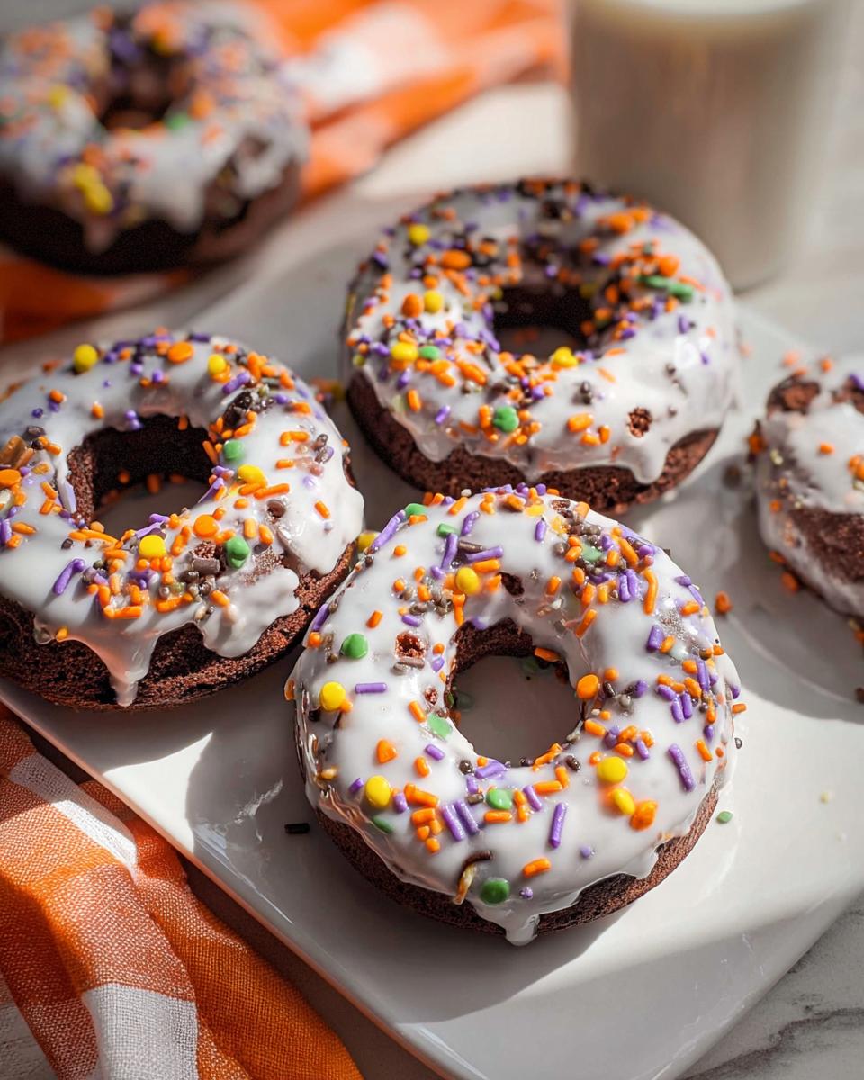 Close-up of delicious Halloween donuts topped with white glaze and festive purple, orange, and green sprinkles.