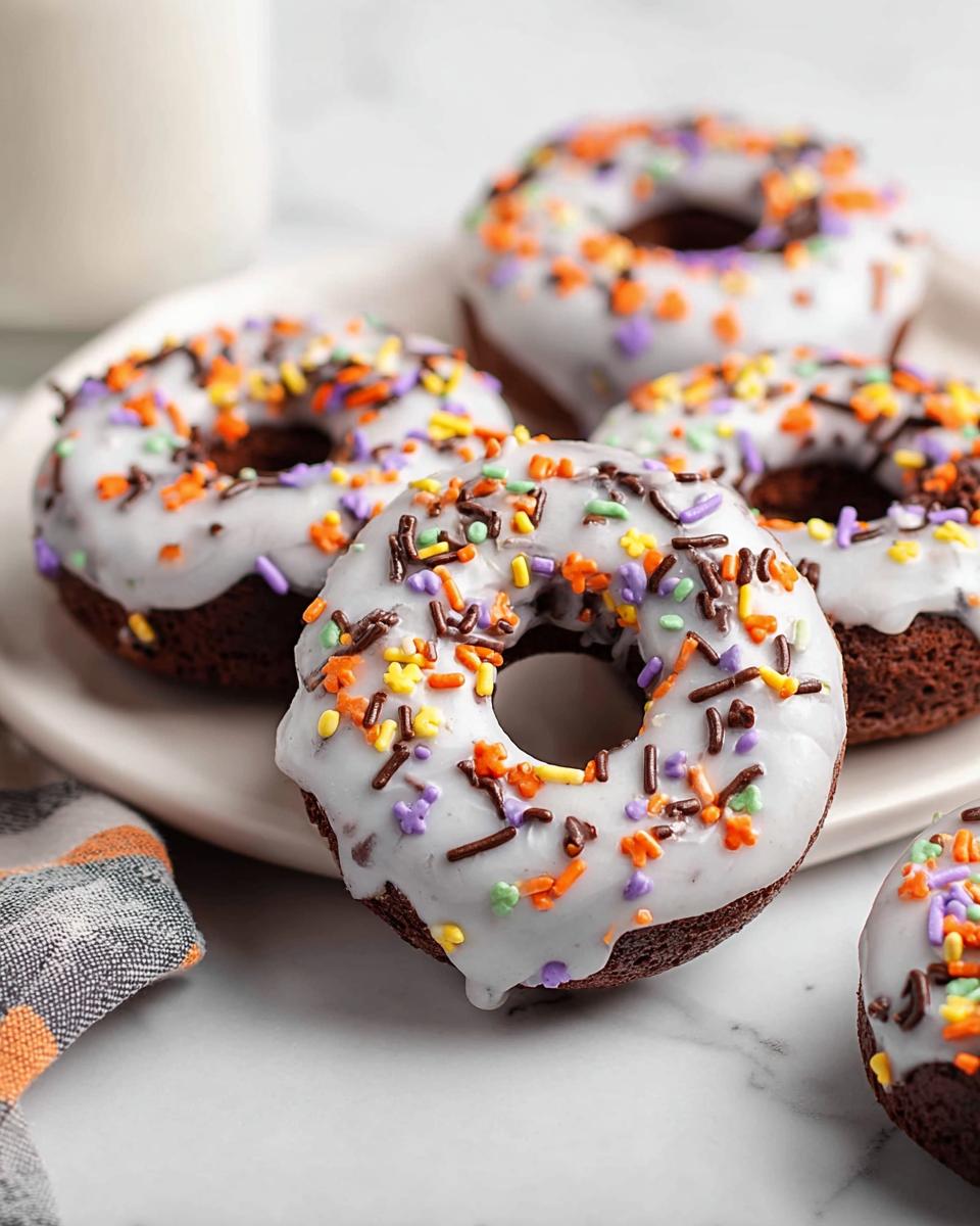 Close-up of delicious Halloween Donuts topped with white glaze and festive orange, purple, and yellow sprinkles.
