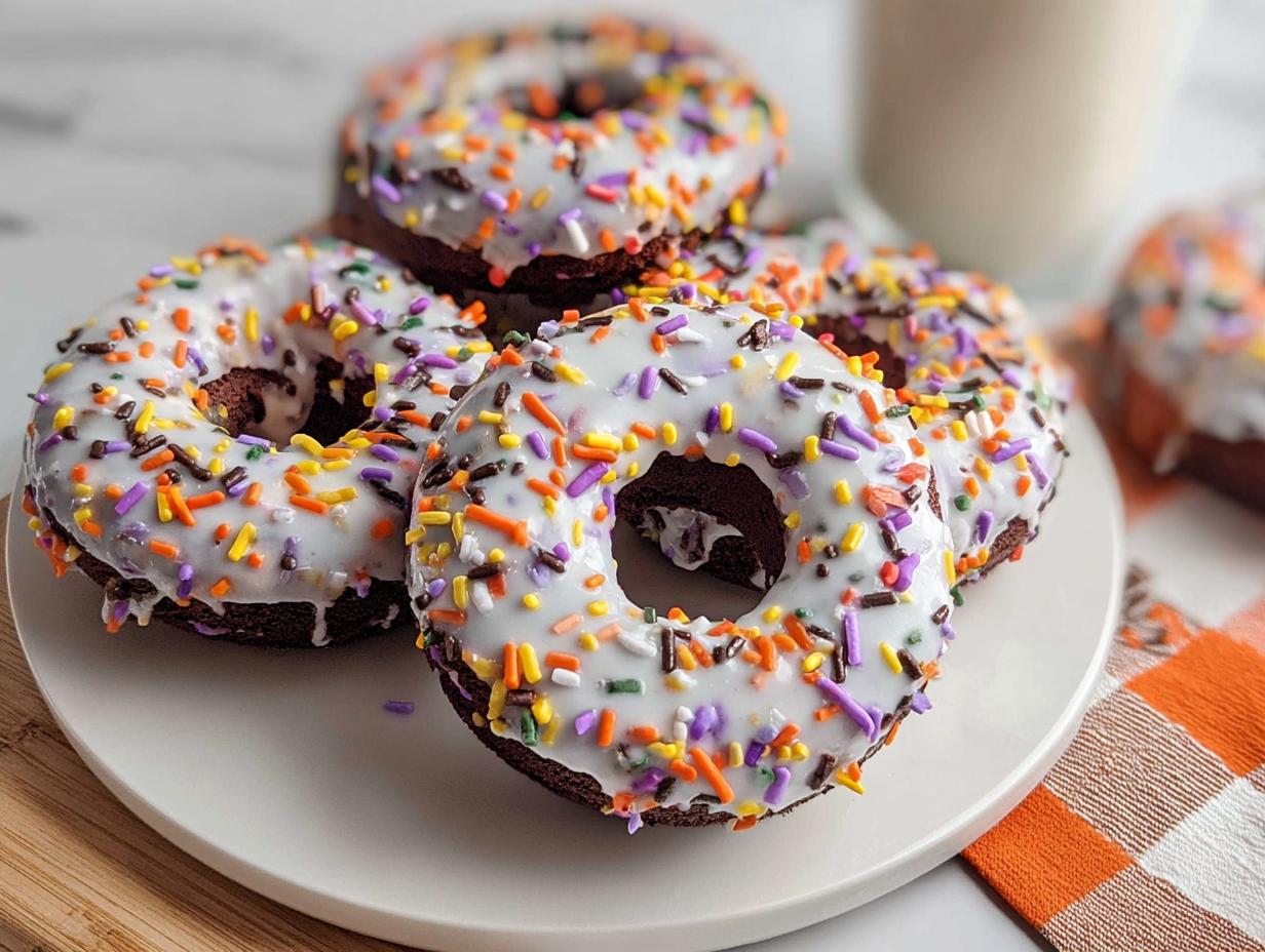 A plate of delicious Halloween donuts, coated in white glaze and colorful sprinkles, perfect for making at home.