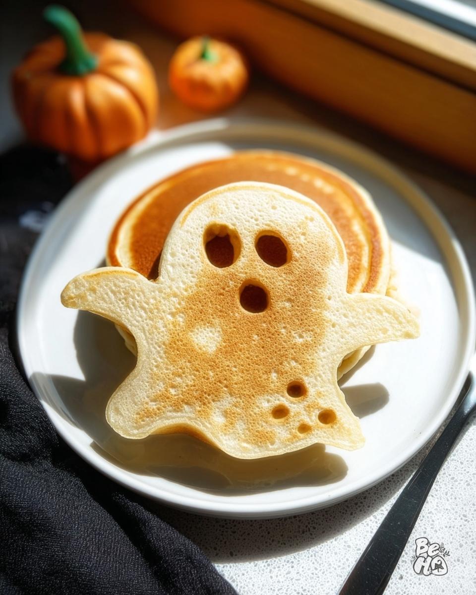 A fun ghost-shaped pancake sits atop a stack of pancakes, perfect for Halloween Pancake Art Ideas for Kids.