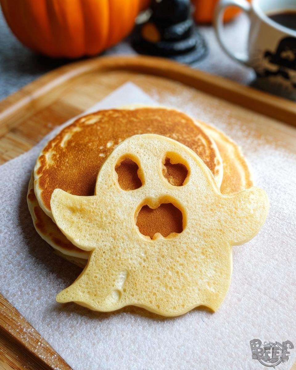 A stack of pancakes with a ghost-shaped pancake art piece on top, perfect for Halloween Pancake Art Ideas for Kids.