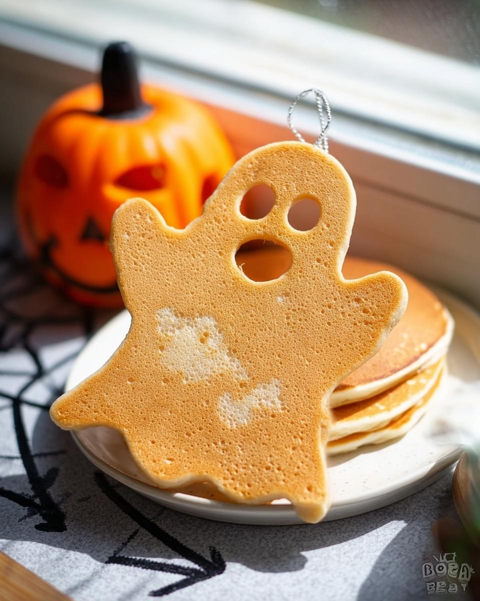 A fun ghost-shaped pancake, one of the Halloween pancake art ideas for kids, sits in front of a stack of pancakes and a carved pumpkin.