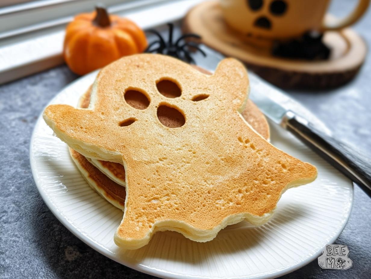 A stack of fluffy pancakes shaped like a ghost, with cut-out eyes and mouth, perfect for Halloween pancake art ideas for kids.