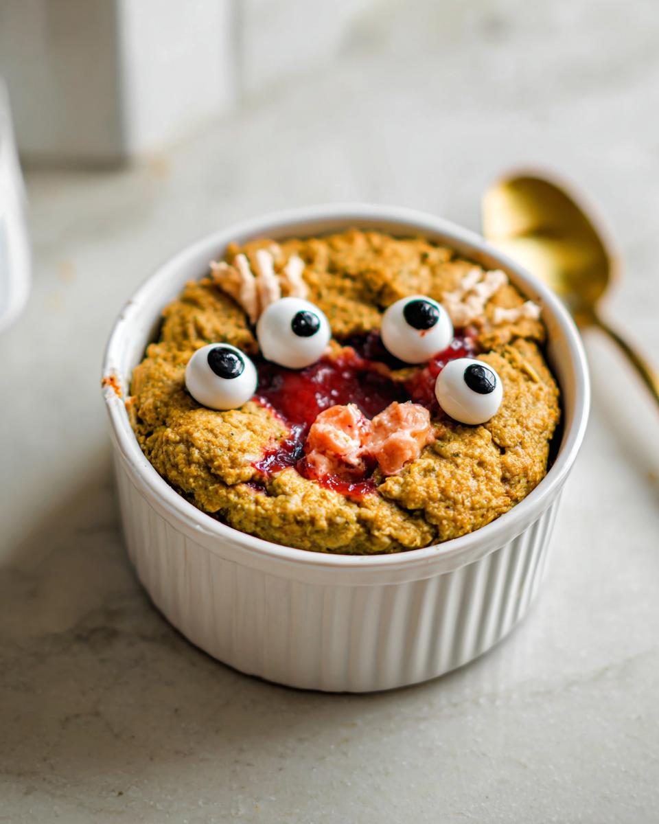 A single Halloween-themed oatmeal cup in a white ramekin, decorated with candy eyeballs and red jam.