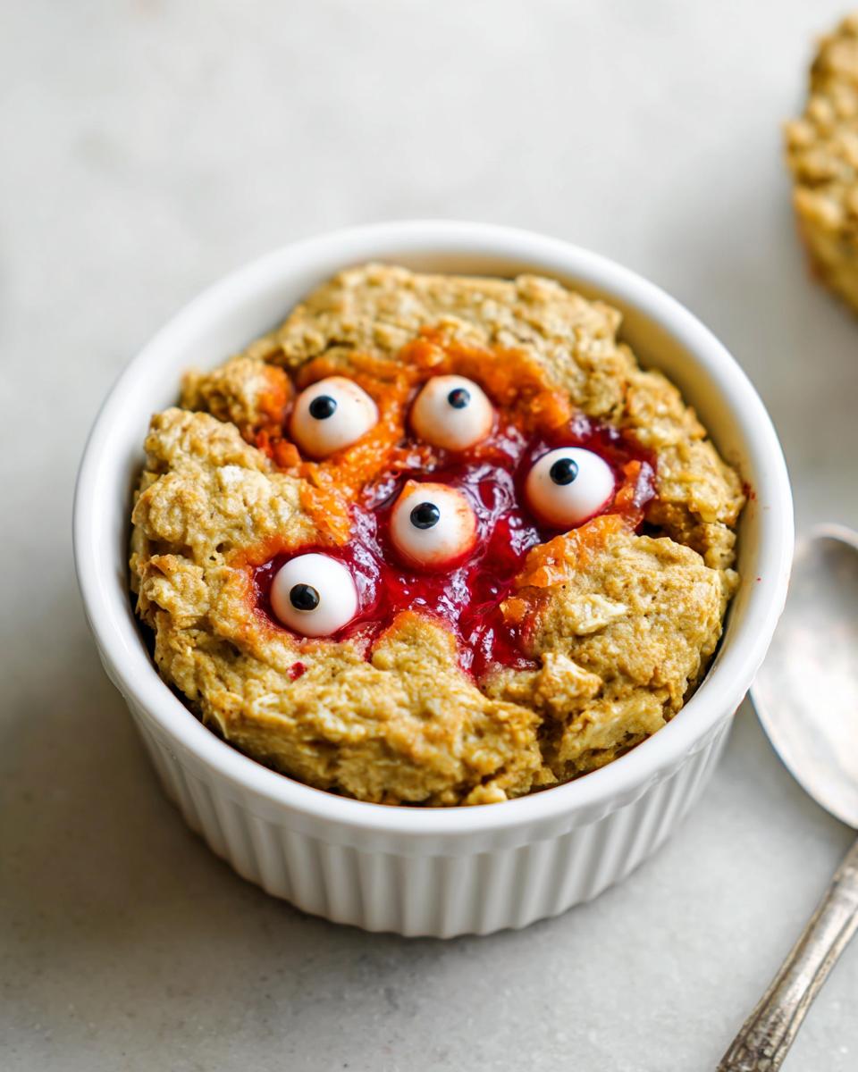 Close-up of a Halloween-themed oatmeal cup topped with red jam and candy eyeballs.