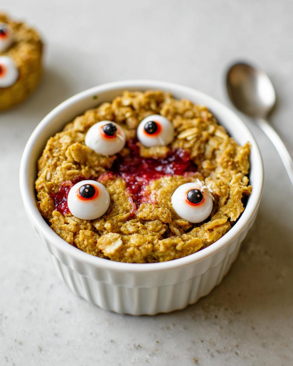 Close-up of a Halloween-Themed Oatmeal Cup decorated with candy eyeballs and red jam.