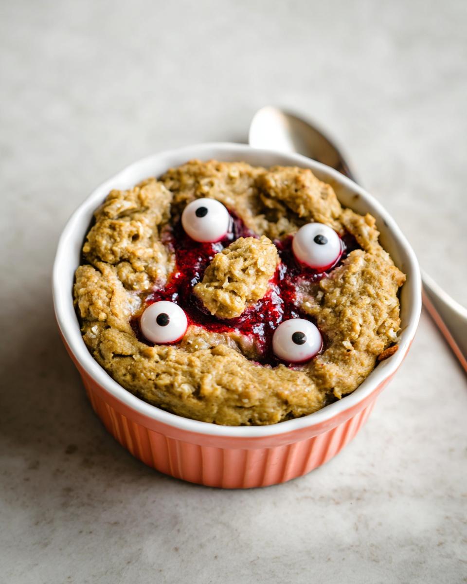 Spooky Halloween-Themed Oatmeal Cups decorated with candy eyeballs and a red berry filling.
