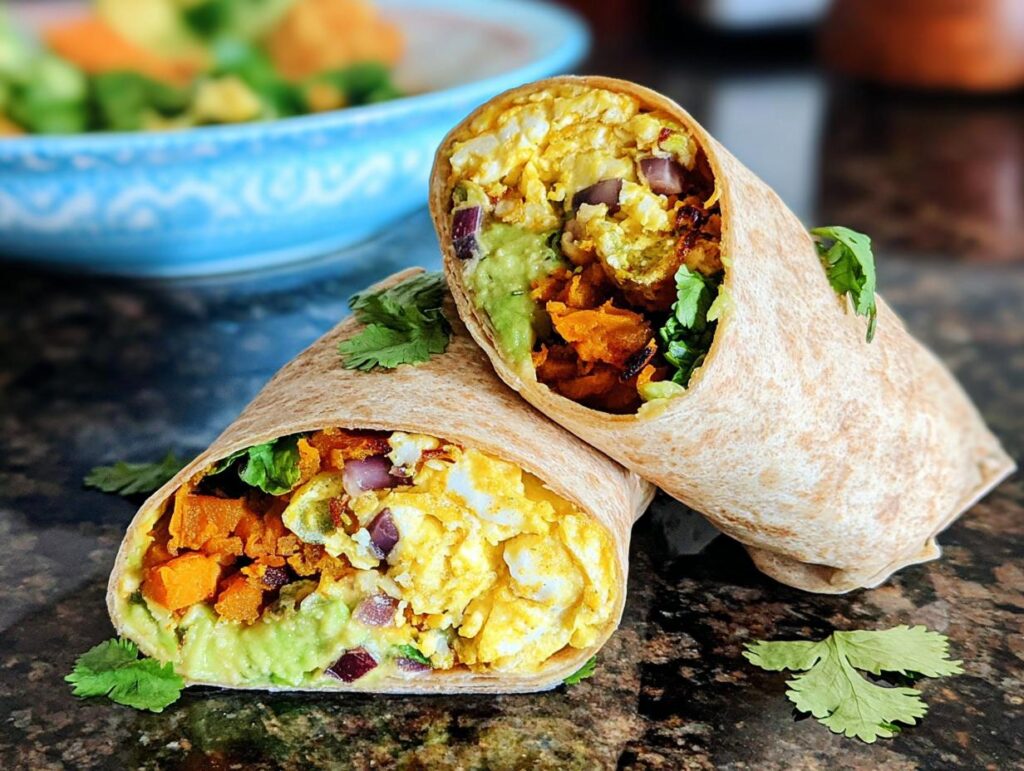 Two halves of a healthy breakfast burrito filled with scrambled eggs, avocado, sweet potato, red onion, and cilantro.