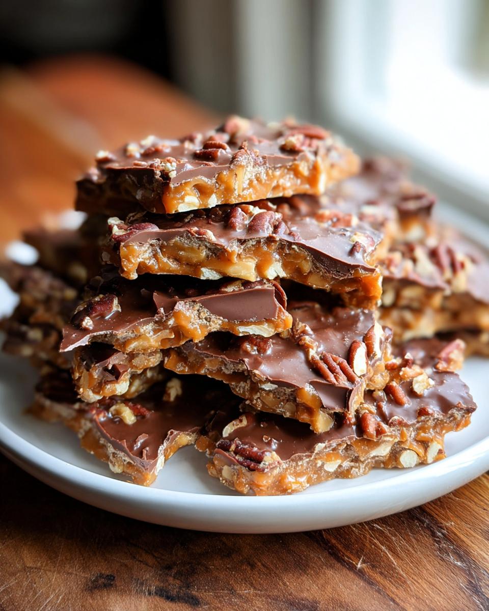 A close-up stack of Holiday Toffee Crunch pieces, showing layers of chocolate, toffee, and pecans.