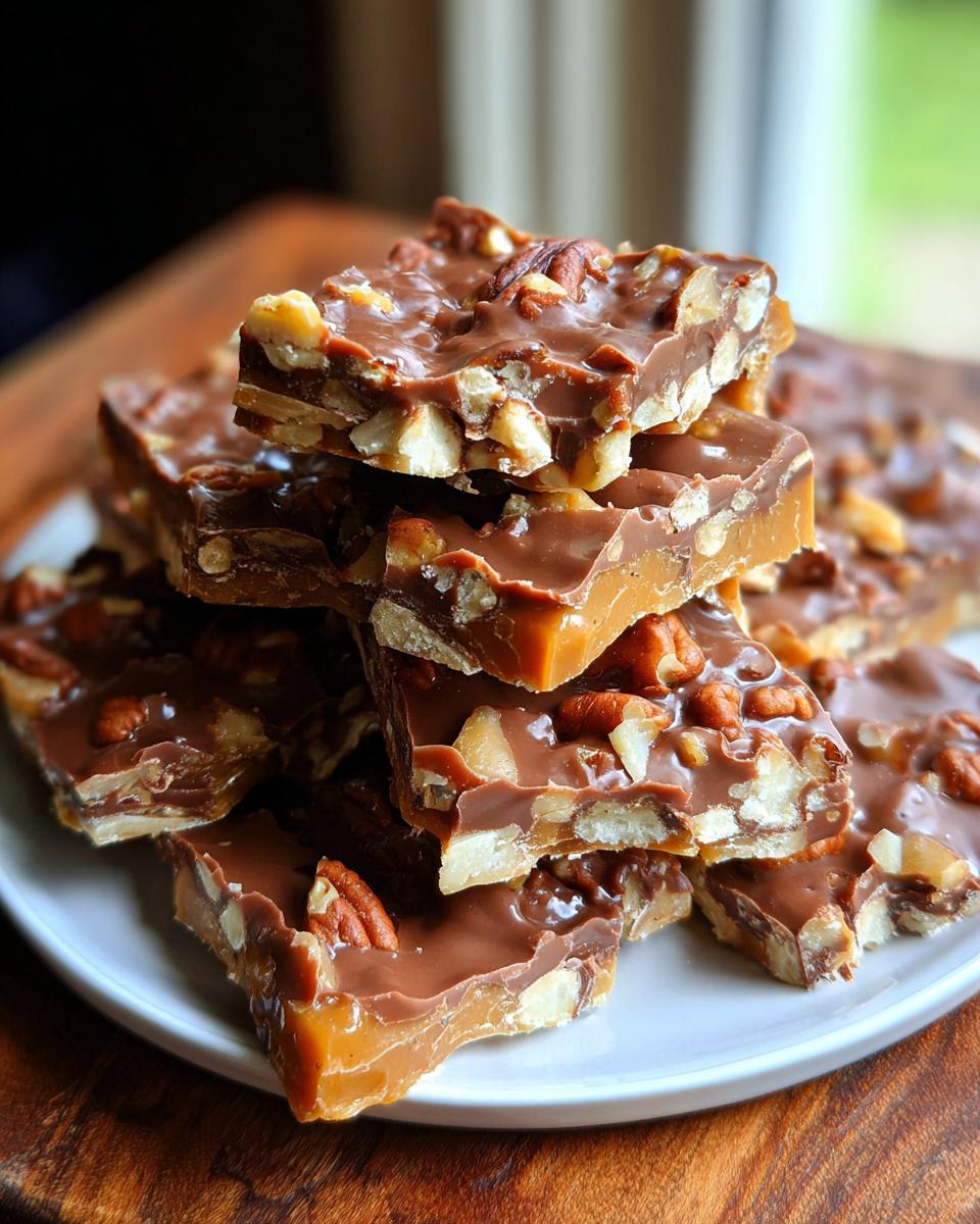 A stack of rich chocolate-covered toffee pieces generously topped with crunchy pecans, showcasing the Holiday Toffee Crunch.