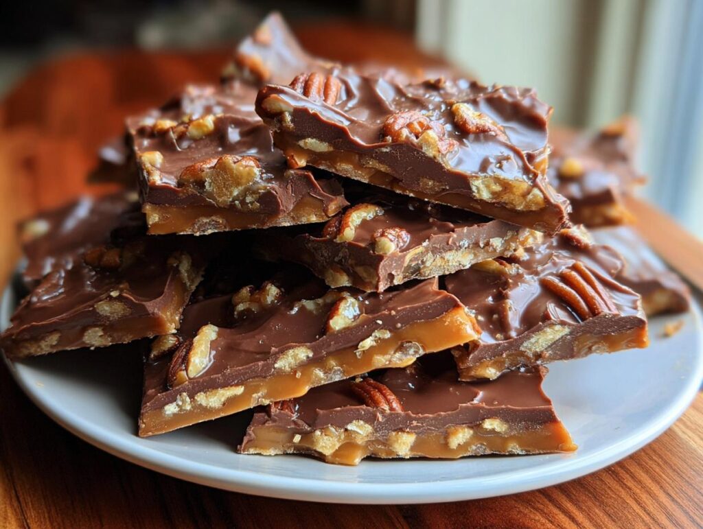 A stack of delicious Holiday Toffee Crunch pieces topped with chocolate and pecans.