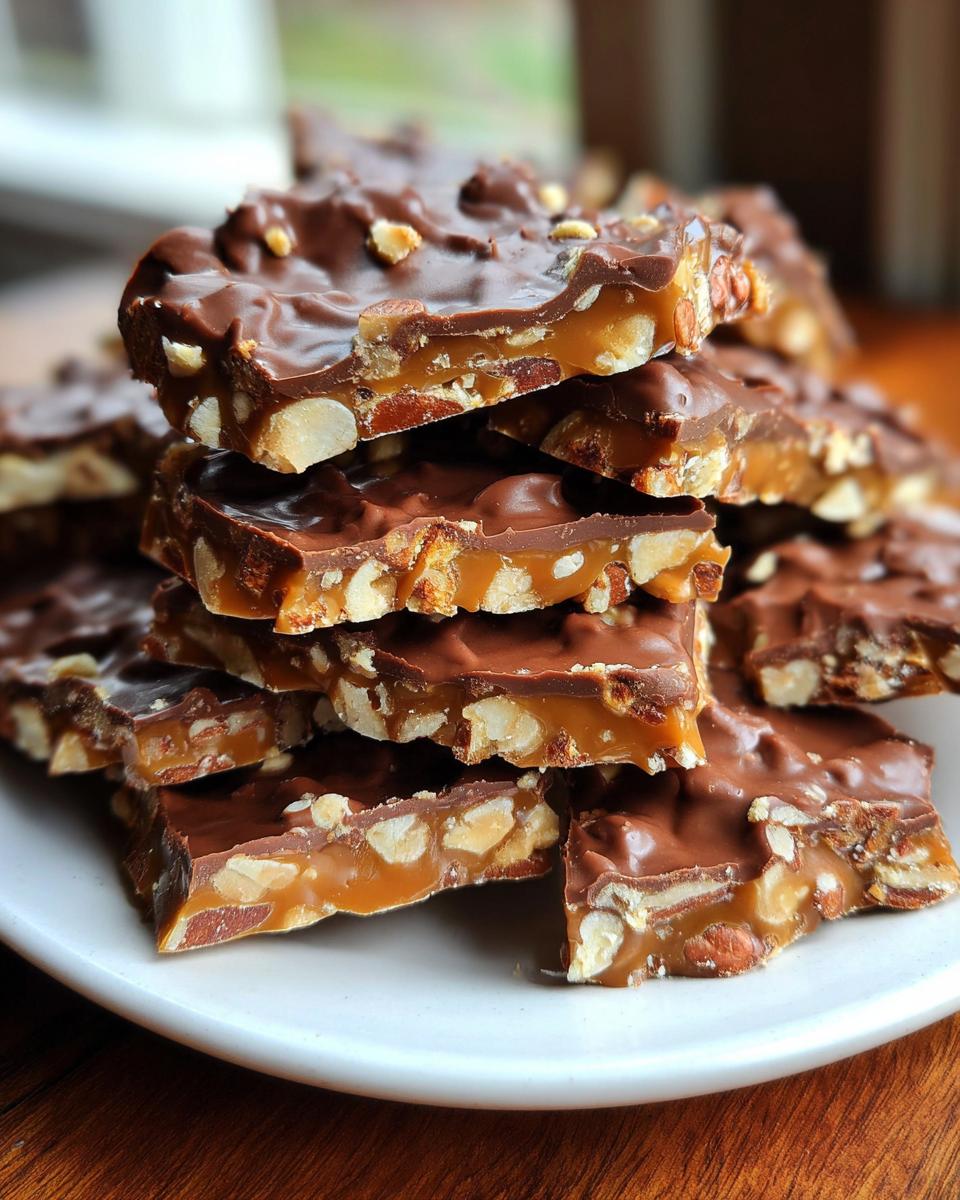 A stack of delicious Holiday Toffee Crunch pieces, showing layers of chocolate, caramel, and nuts.