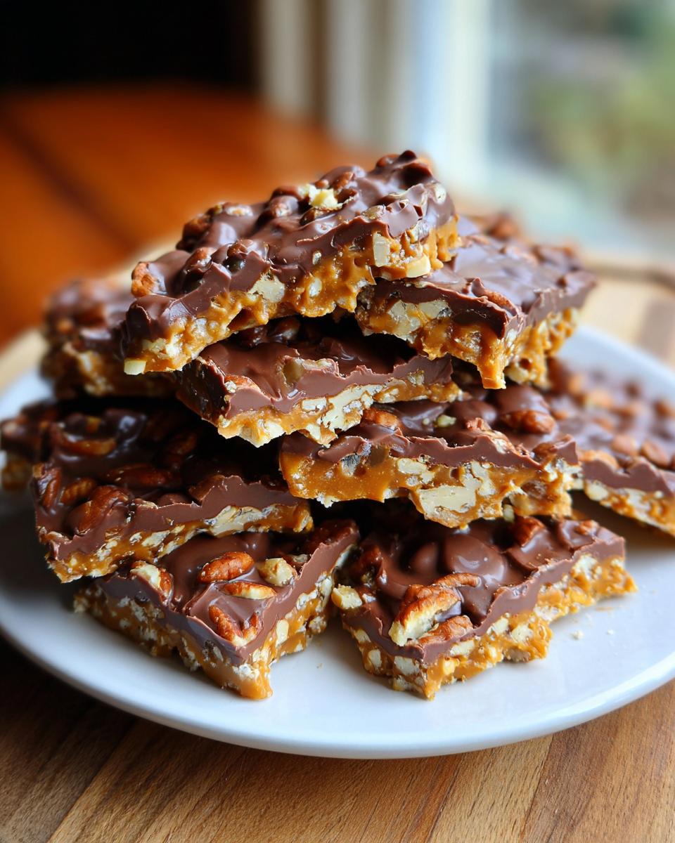 A close-up stack of Holiday Toffee Crunch pieces on a white plate, showing layers of chocolate and pecans.