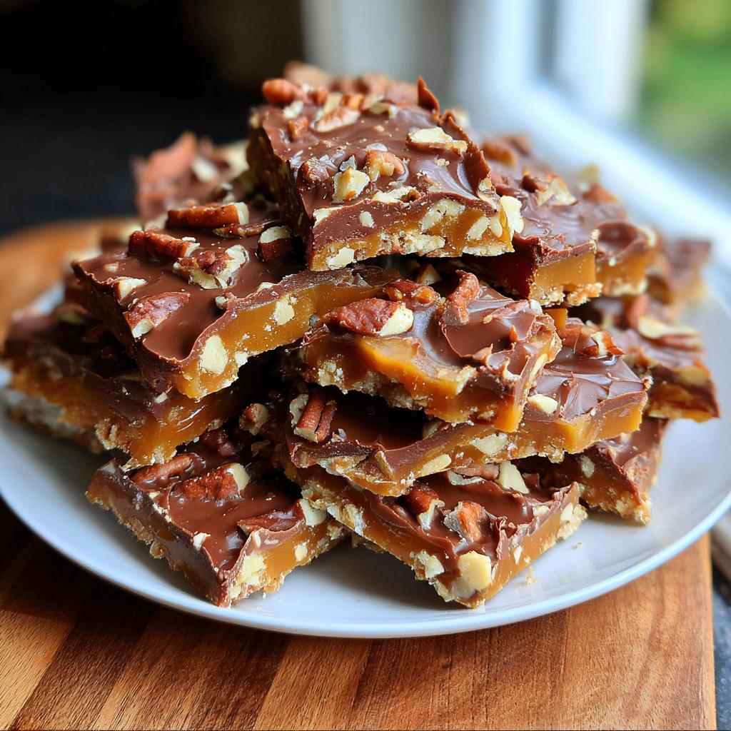 A close-up of a pile of delicious Holiday Toffee Crunch pieces, topped with chocolate and nuts.