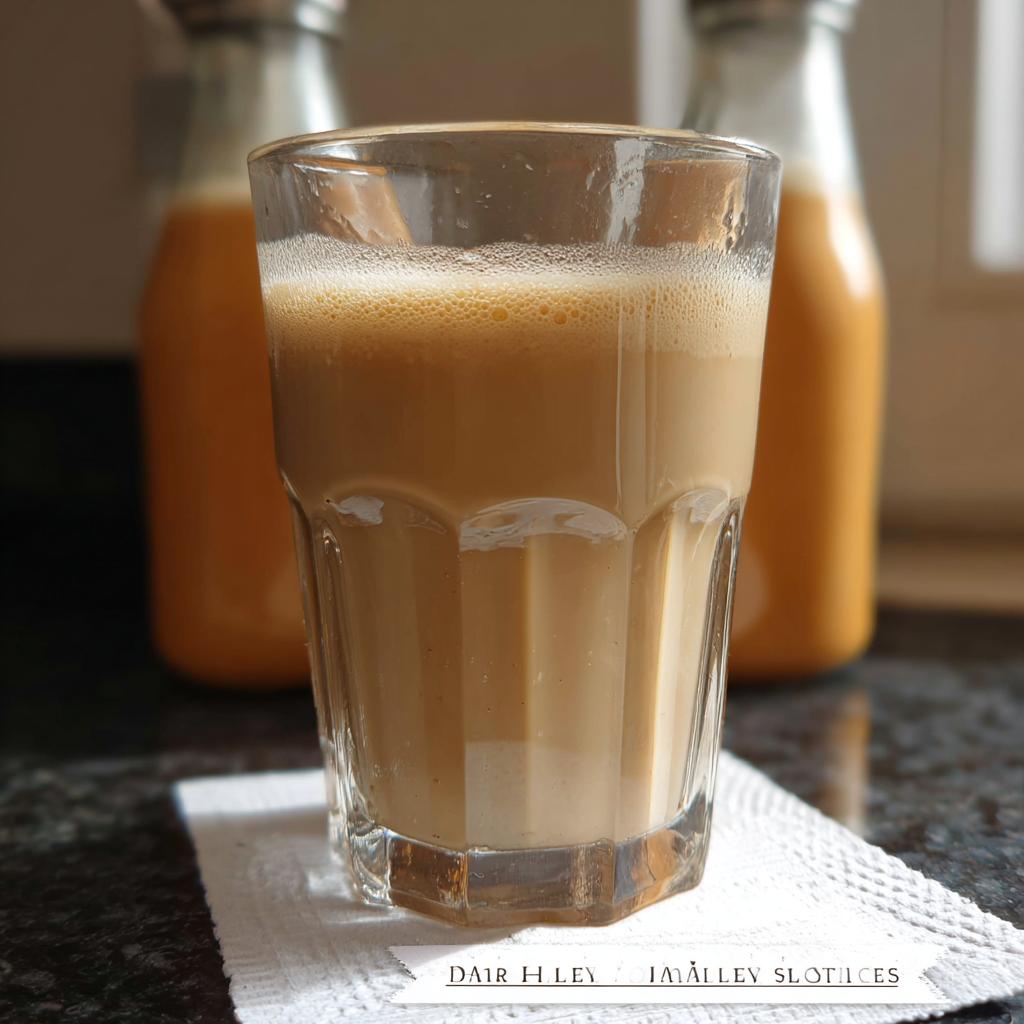 A close-up of a glass filled with creamy Baileys liqueur, with bottles of the homemade liqueur in the background.