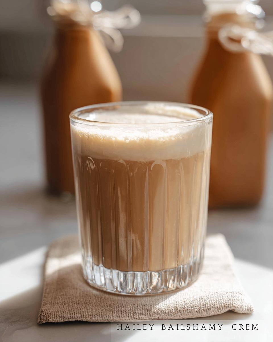 A refreshing glass of homemade Baileys cream liqueur, with two bottles in the background.