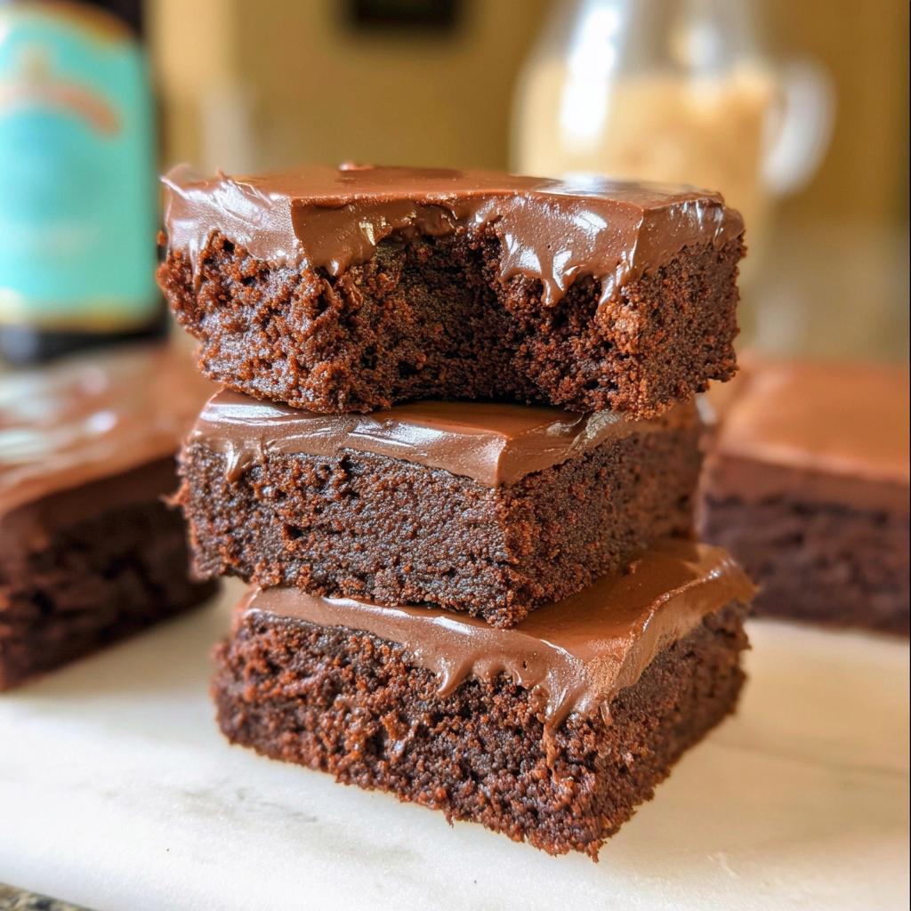 A stack of rich, fudgy homemade Baileys brownies topped with chocolate frosting.