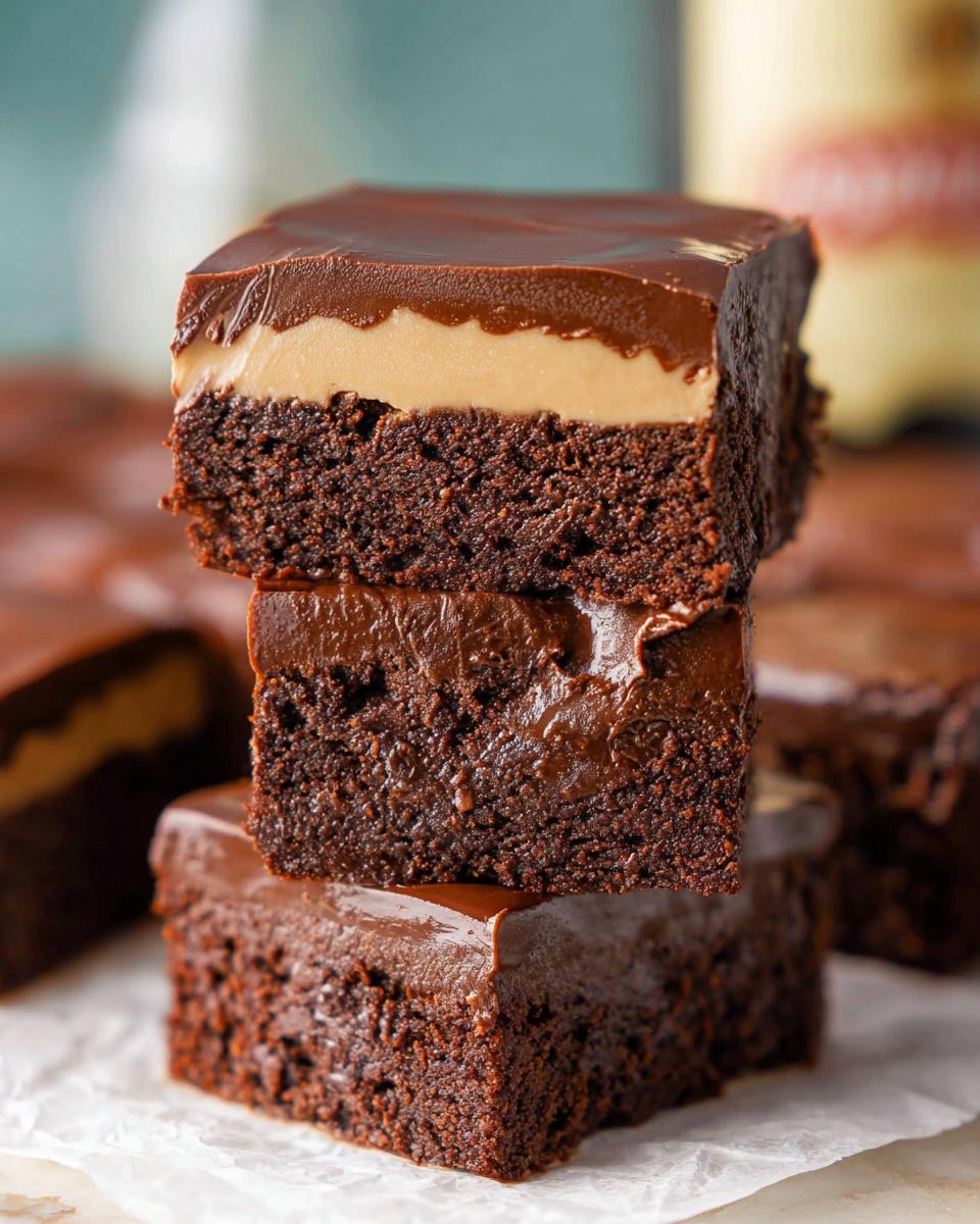 A stack of three rich chocolate brownies with a creamy caramel layer and chocolate ganache topping, part of Homemade Baileys Fudge and Brownies.