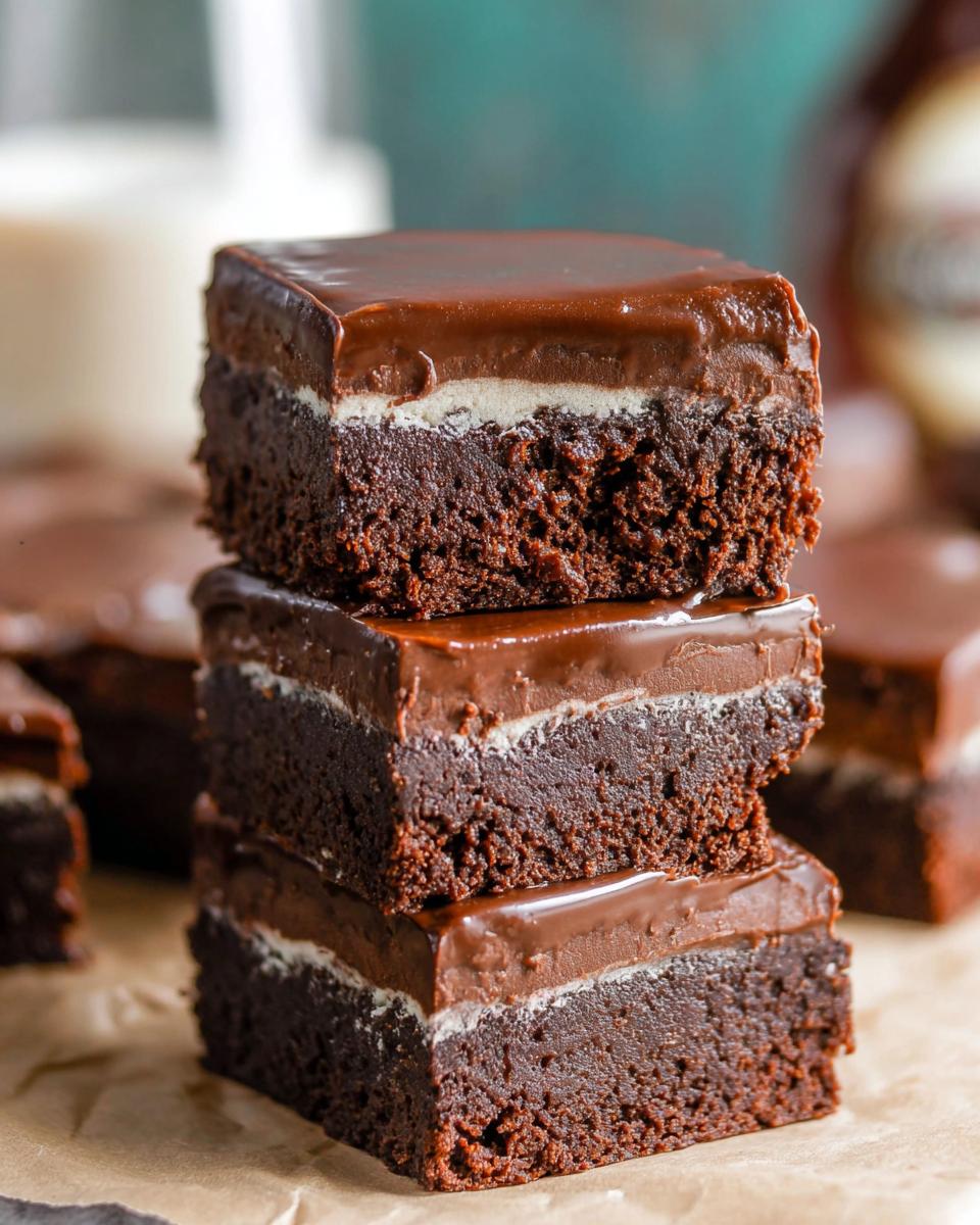 A stack of three rich chocolate brownies topped with a creamy layer and glossy chocolate ganache, part of Homemade Baileys Fudge and Brownies.