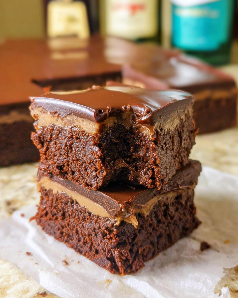 A close-up of two rich chocolate brownies stacked, topped with a creamy layer and glossy chocolate ganache, part of Homemade Baileys Fudge and Brownies.