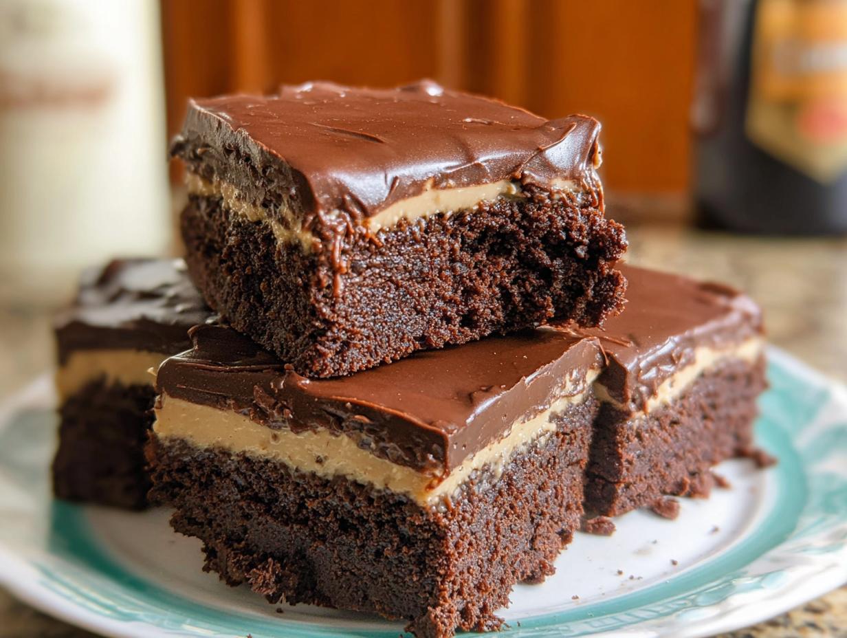 A stack of rich chocolate brownies with a creamy peanut butter layer and chocolate frosting, part of Homemade Baileys Fudge and Brownies.