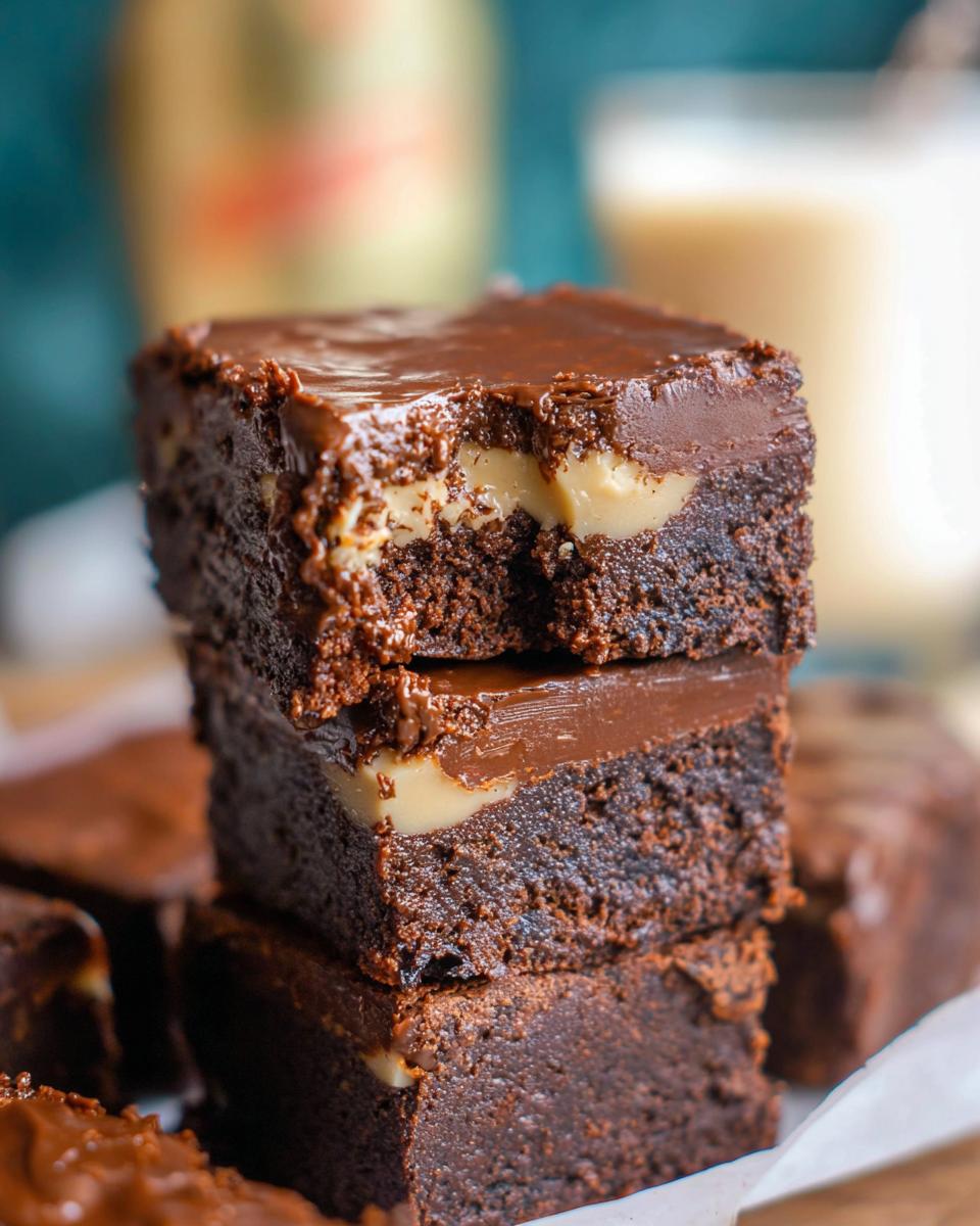A stack of three rich chocolate brownies with a creamy Baileys fudge layer, topped with chocolate ganache.