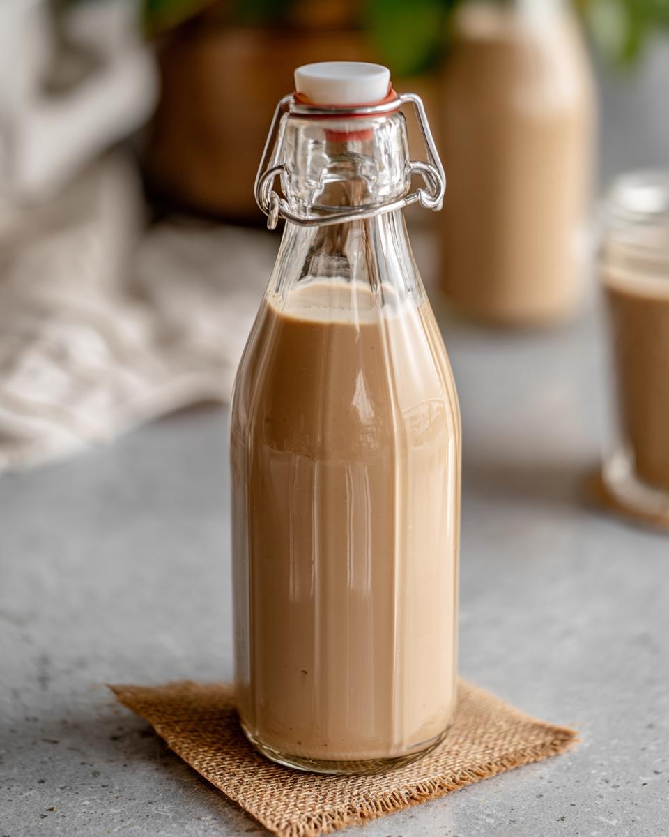 A clear glass bottle filled with creamy Homemade Baileys Irish Cream, sealed with a swing-top lid.