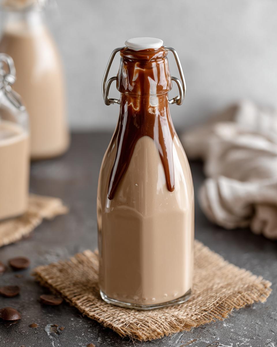 A bottle of homemade Baileys Irish Cream recipe, drizzled with chocolate syrup, on a burlap coaster.