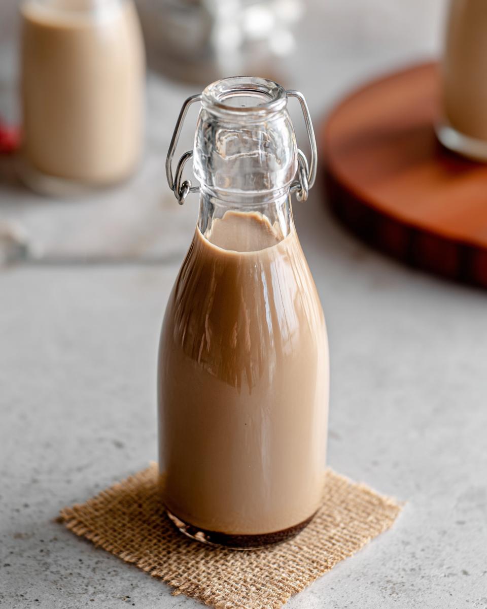 A glass bottle filled with creamy Homemade Baileys Irish Cream Recipe, ready to be enjoyed.