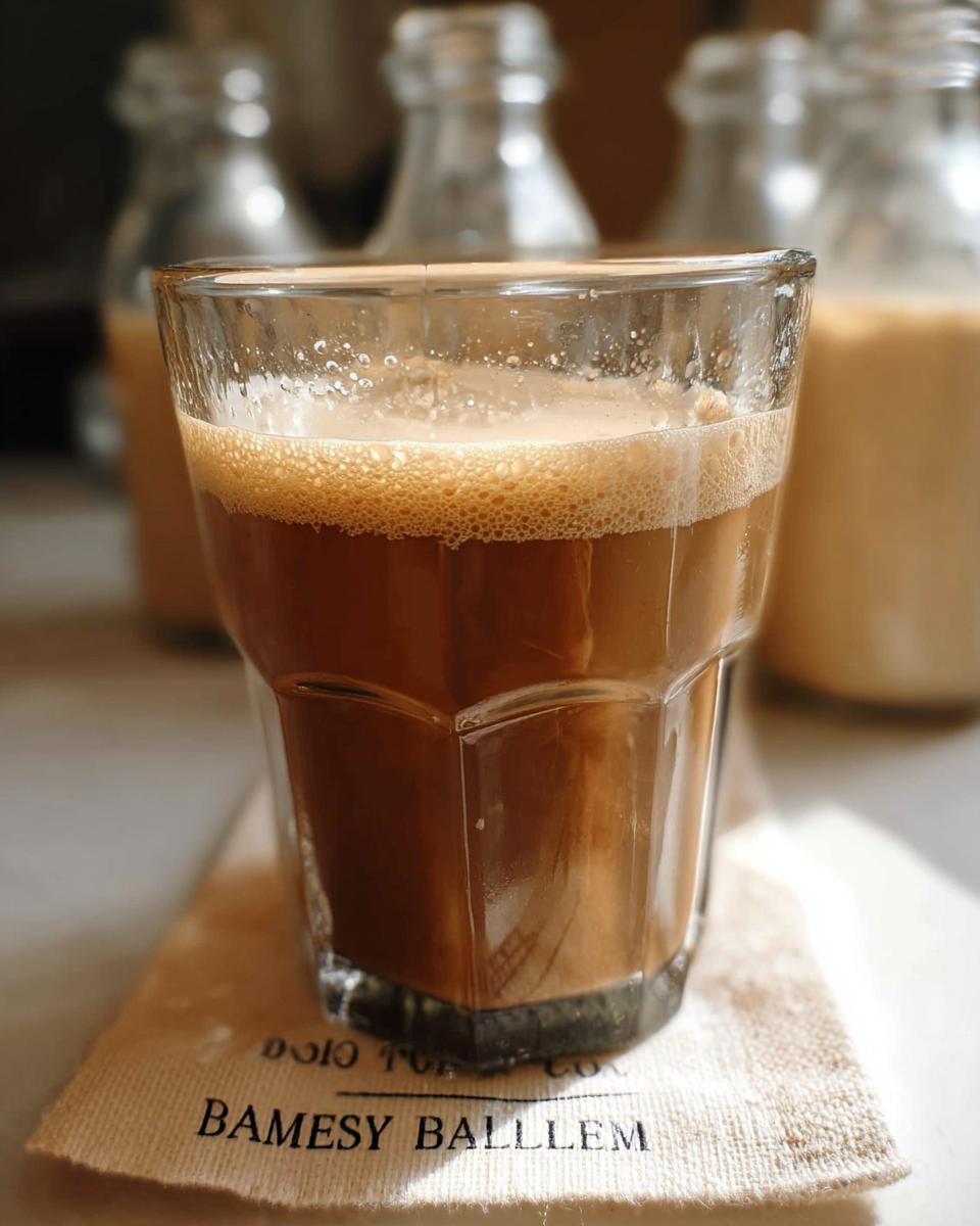 A close-up of a glass filled with foamy, creamy Baileys Irish Cream, with bottles in the background.