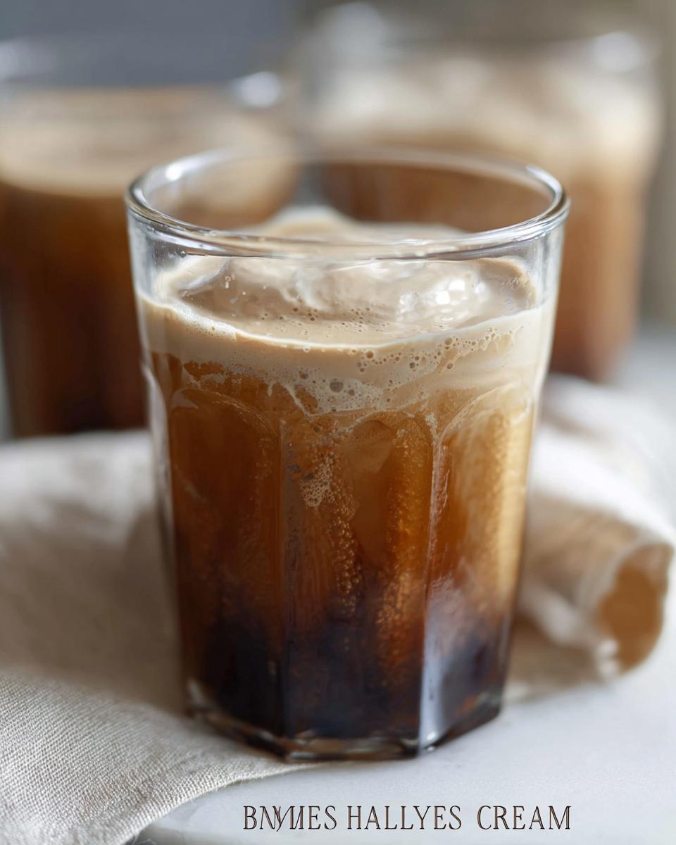 A close-up of a glass filled with homemade Baileys Irish Cream liqueur, showing layers of dark coffee and creamy foam.