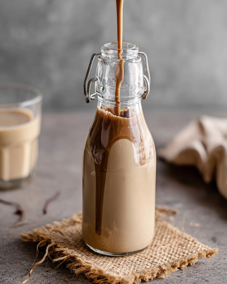 Pouring Homemade Baileys Irish Cream into a glass bottle, with a glass of Baileys in the background.