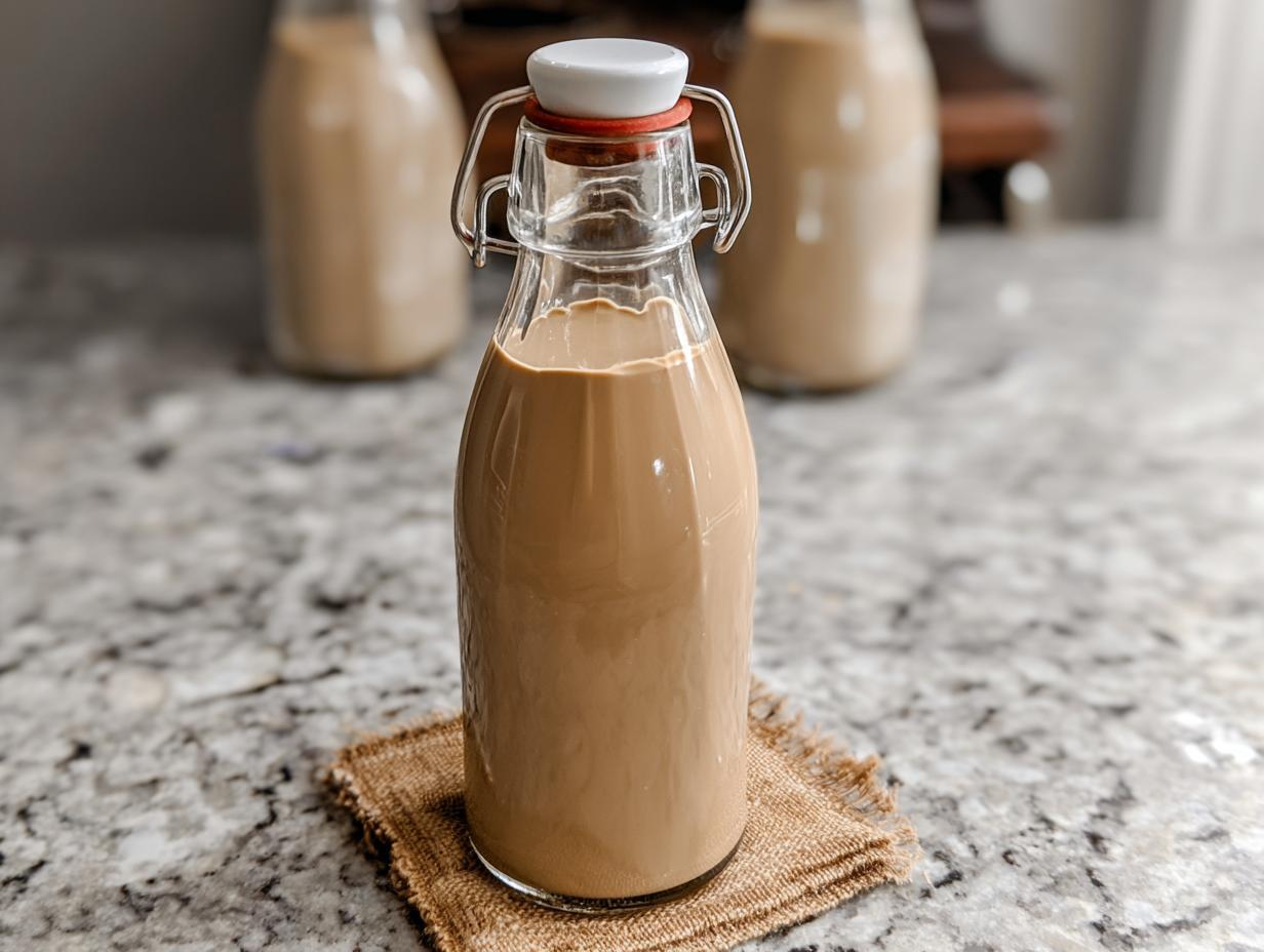 A clear glass bottle filled with creamy Homemade Baileys Irish Cream Recipe, with other bottles blurred in the background.