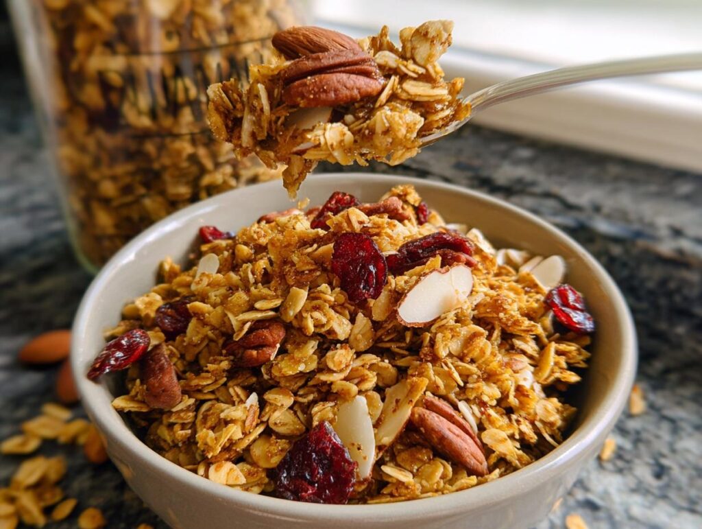 A spoonful of delicious homemade granola recipe with oats, almonds, pecans, and dried cranberries.