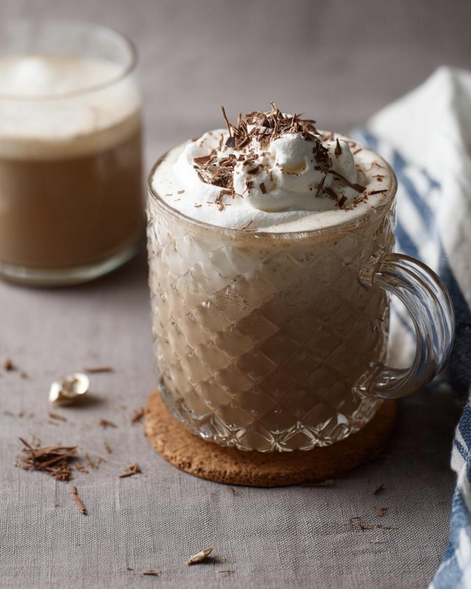 A glass mug filled with homemade Irish cream, topped with whipped cream and chocolate shavings. Another glass is blurred in the background.