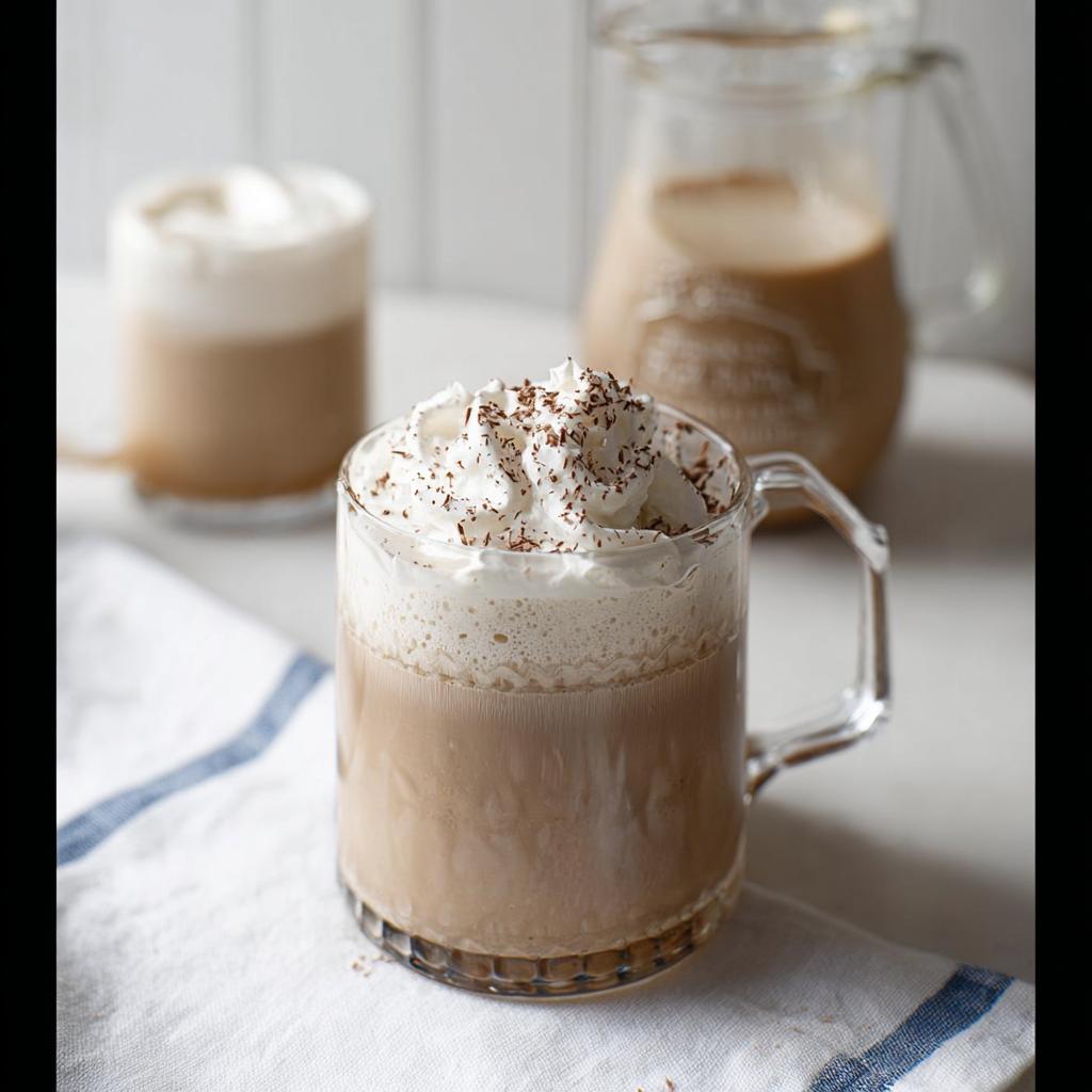 A glass mug filled with a creamy beverage, topped with whipped cream and chocolate shavings. Homemade Irish Cream.